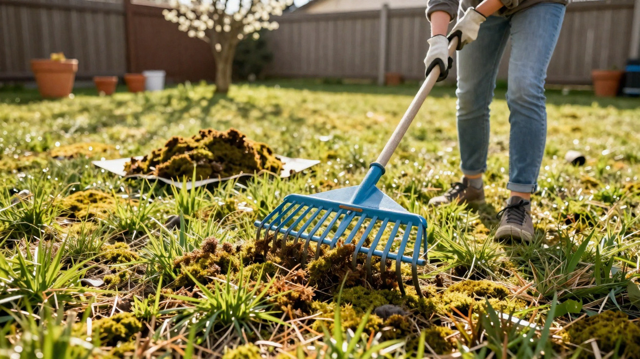 Person raking moss and grass in a garden with a spade and flower pots in the background