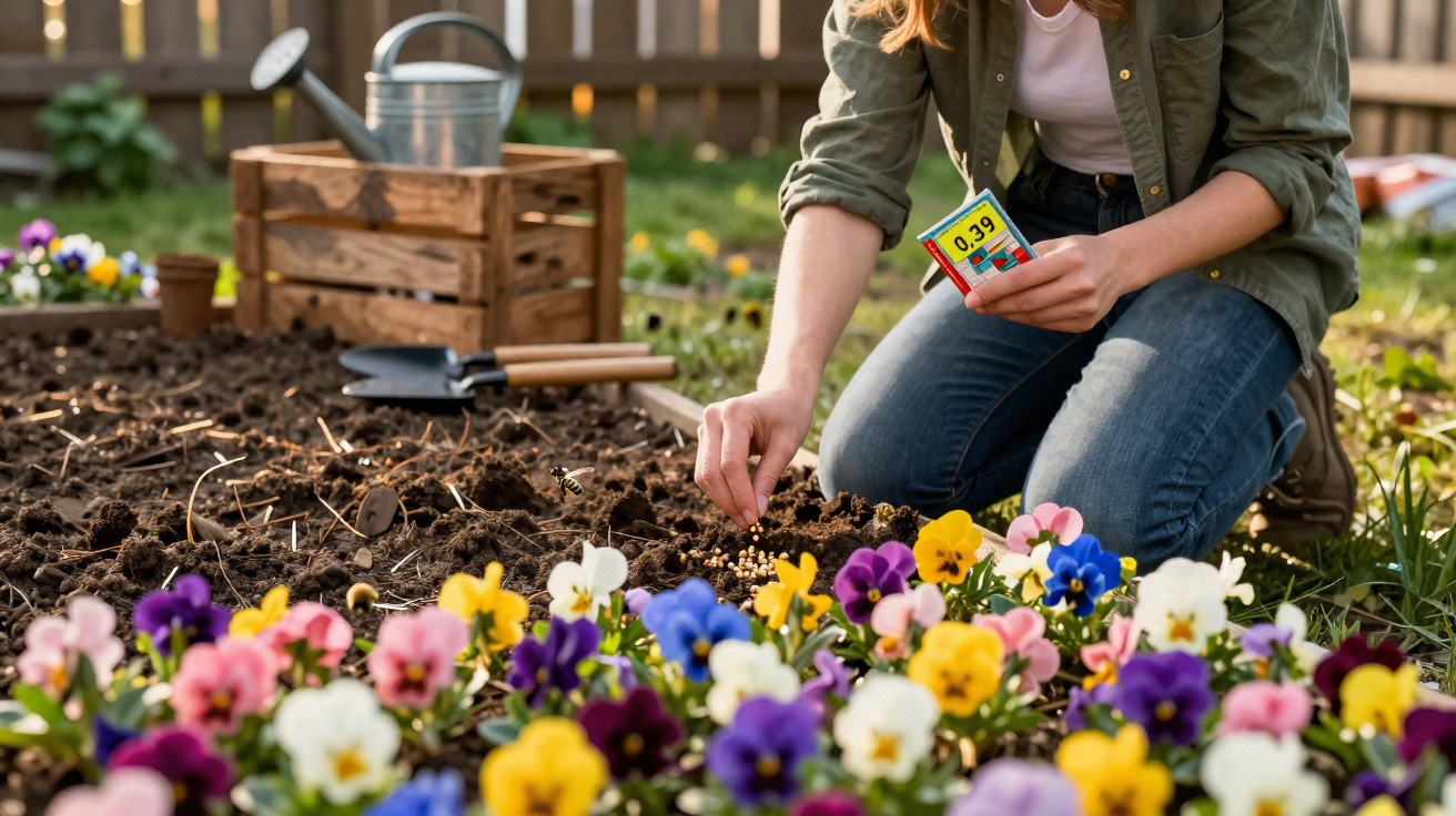 Person kneeling in a garden bed planting seeds with gardening tools and colourful pansies nearby.