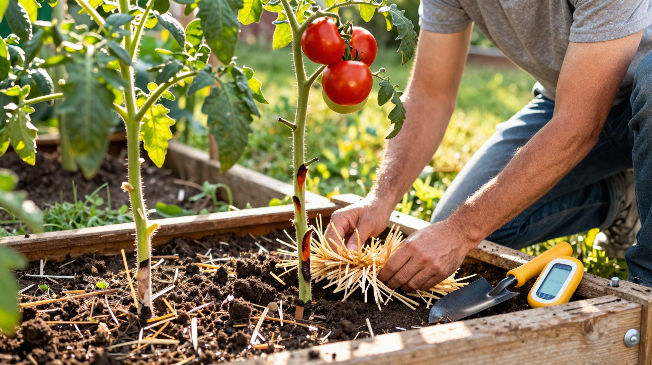 Person placing straw mulch around tomato plants in a raised garden bed on a sunny day.
