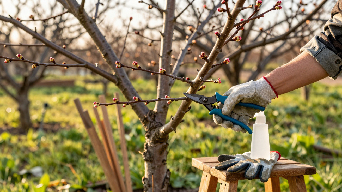 Person wearing gloves pruning a blossoming tree branch with shears in a garden orchard at sunset