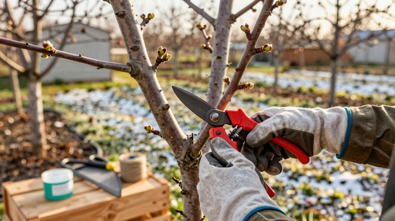 Hands with gloves using red pruning shears to trim a budding branch on a tree in a snowy orchard.