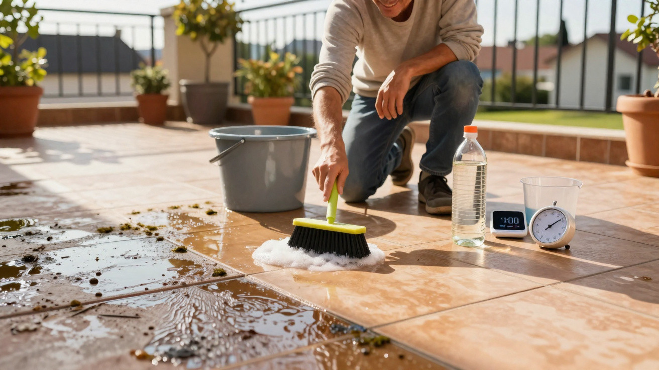 Person scrubbing a tiled outdoor patio floor with a brush, bucket, water bottle, and clock nearby.