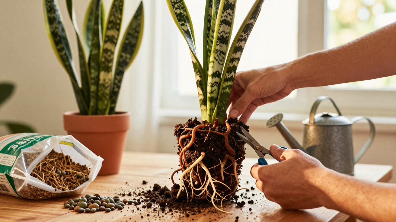 Person trimming roots of snake plant on wooden table with soil, watering can, and bag of clay pebbles nearby.