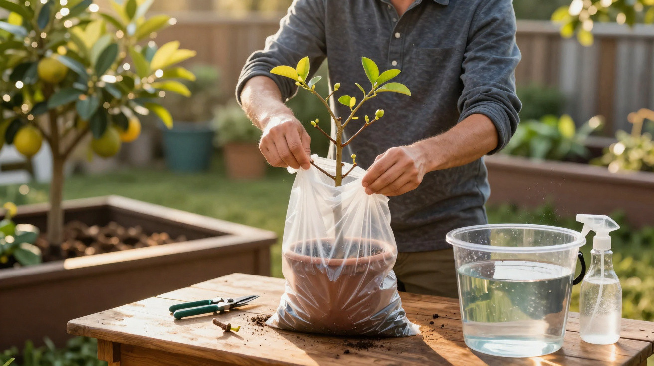 Person repotting a small plant in a plastic bag on a wooden table with gardening tools and water nearby outdoors