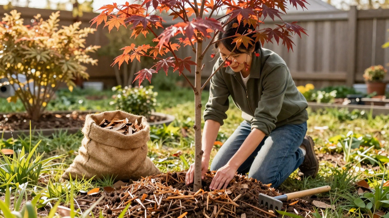 Person kneeling in garden planting a young tree with red leaves next to a sack of collected leaves.