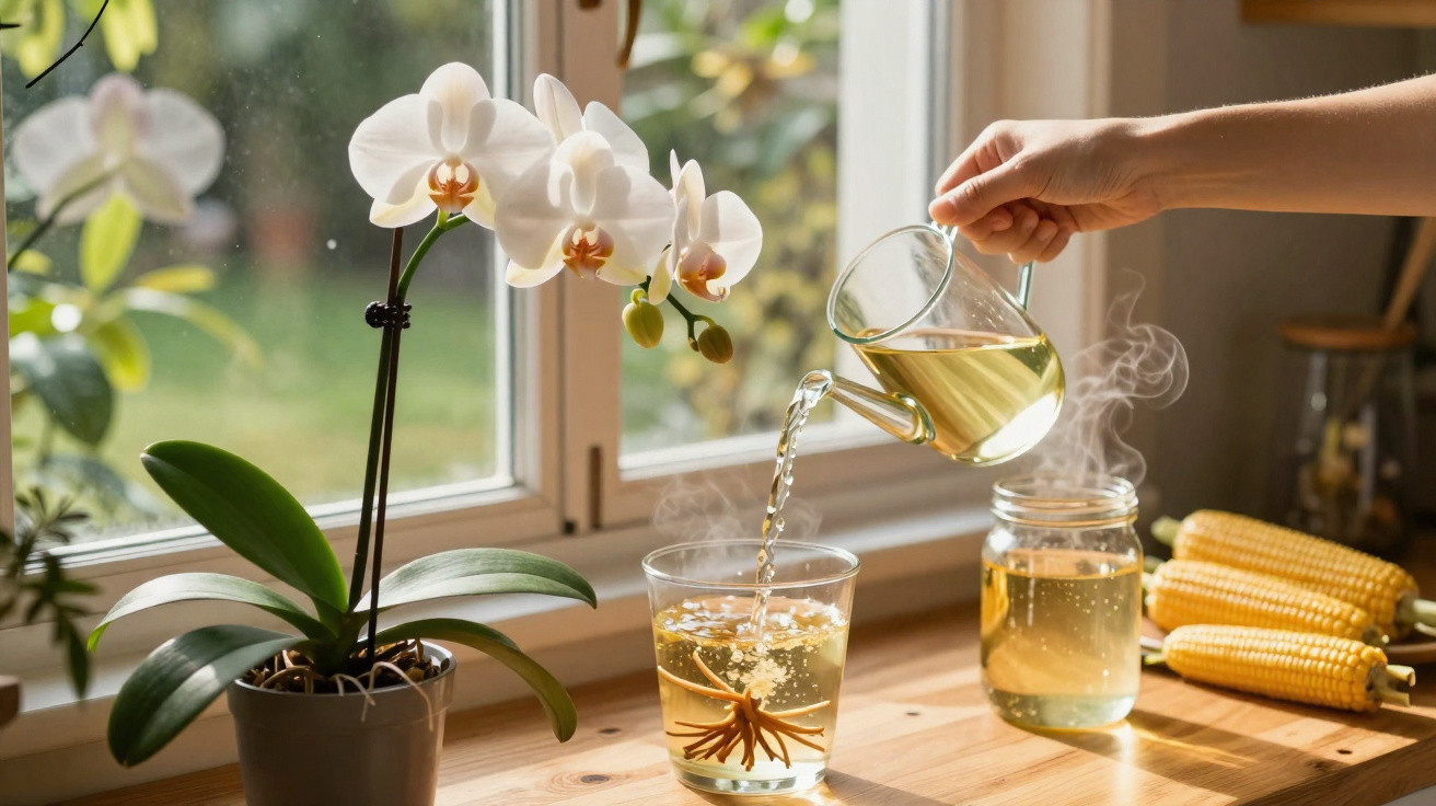 Hand pouring hot herbal tea into a glass on a wooden windowsill beside an orchid and corn cobs.