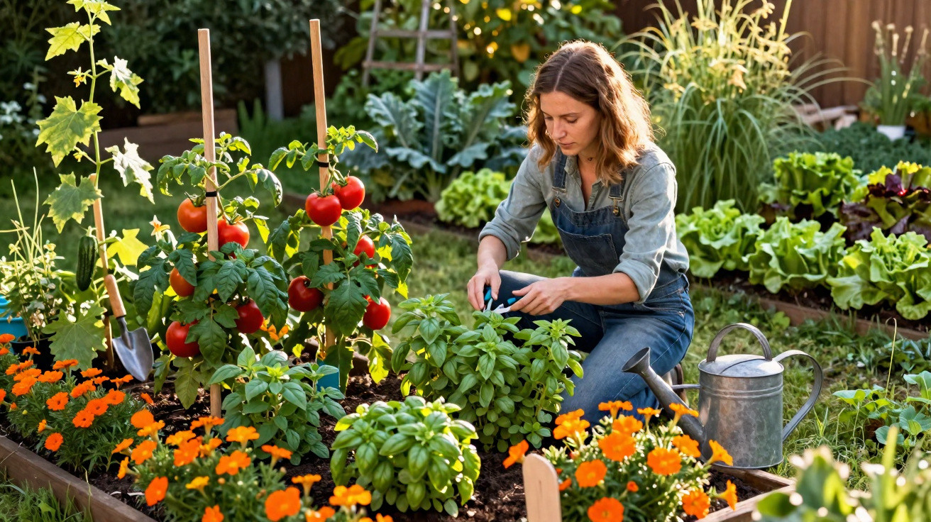 Woman tending to a vegetable and flower garden, surrounded by tomato plants, basil, marigolds, and gardening tools.