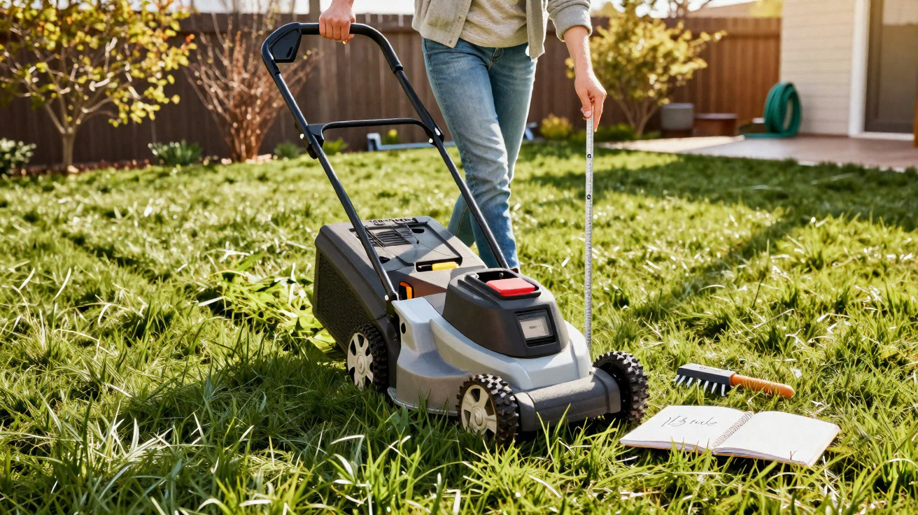 Person using a lawn mower on tall grass in a sunny backyard with garden tools and a notebook nearby.