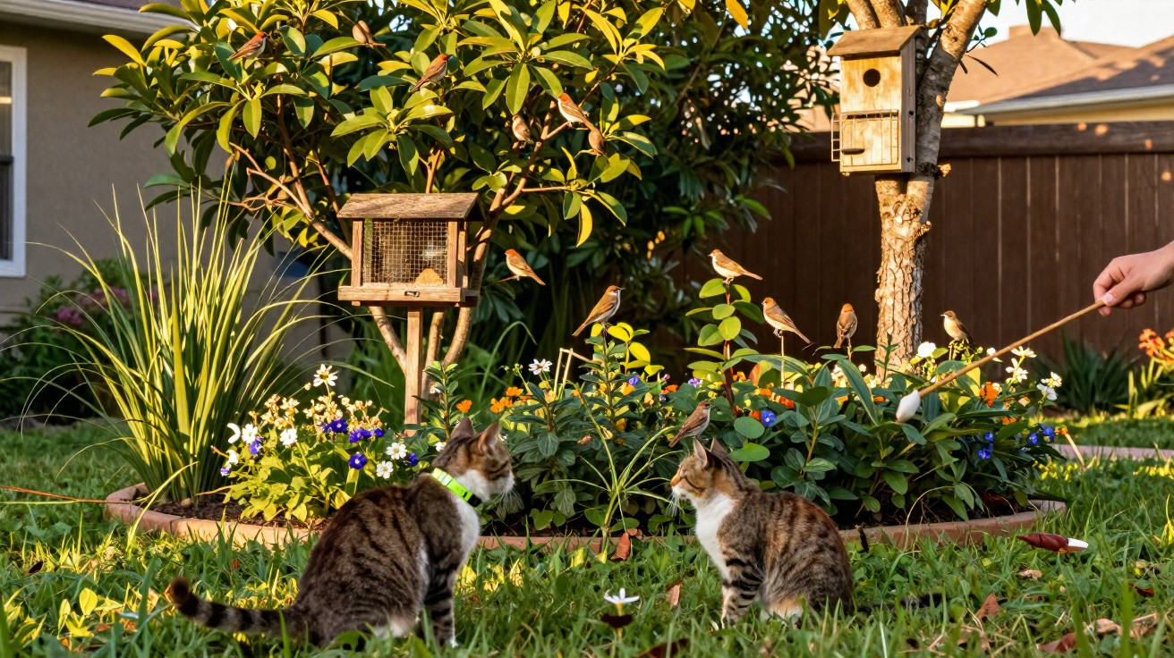 Two tabby cats wearing collars watch small birds perched on a garden flower bed in a sunny backyard.