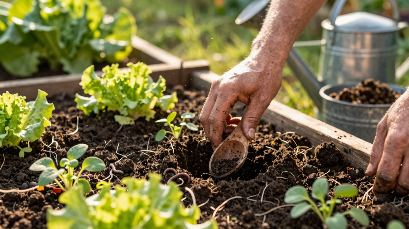 Hands planting seedlings in soil within a wooden garden bed surrounded by leafy greens on a sunny day.