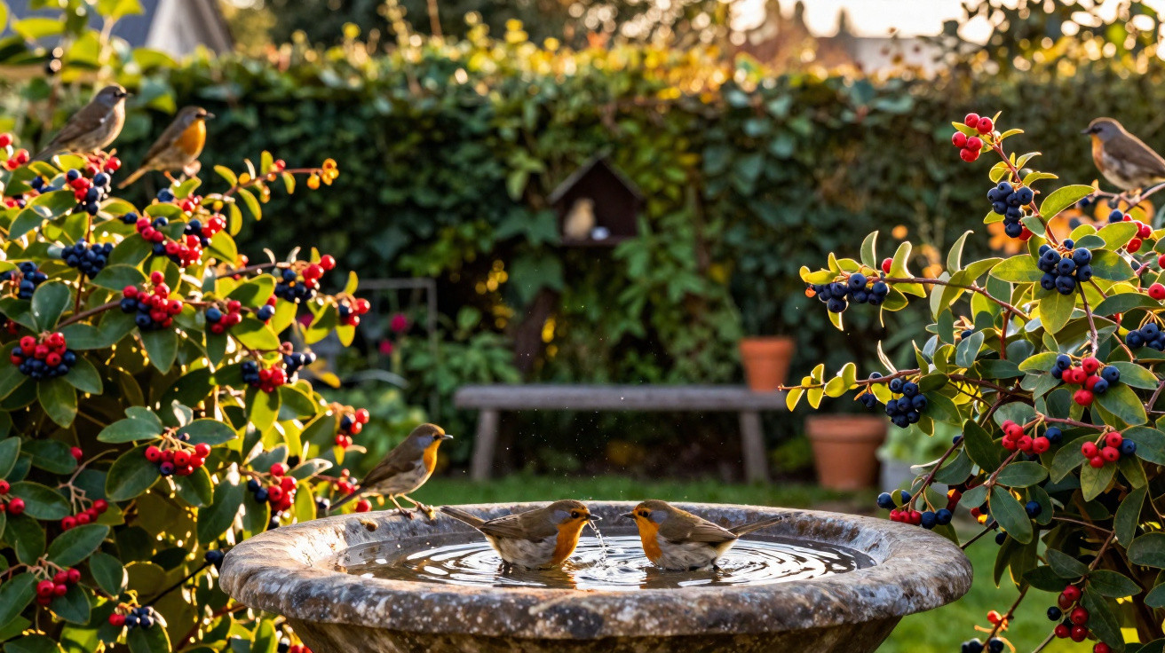 Small birds perched on and around a stone birdbath in a garden with berry-filled bushes at sunset.