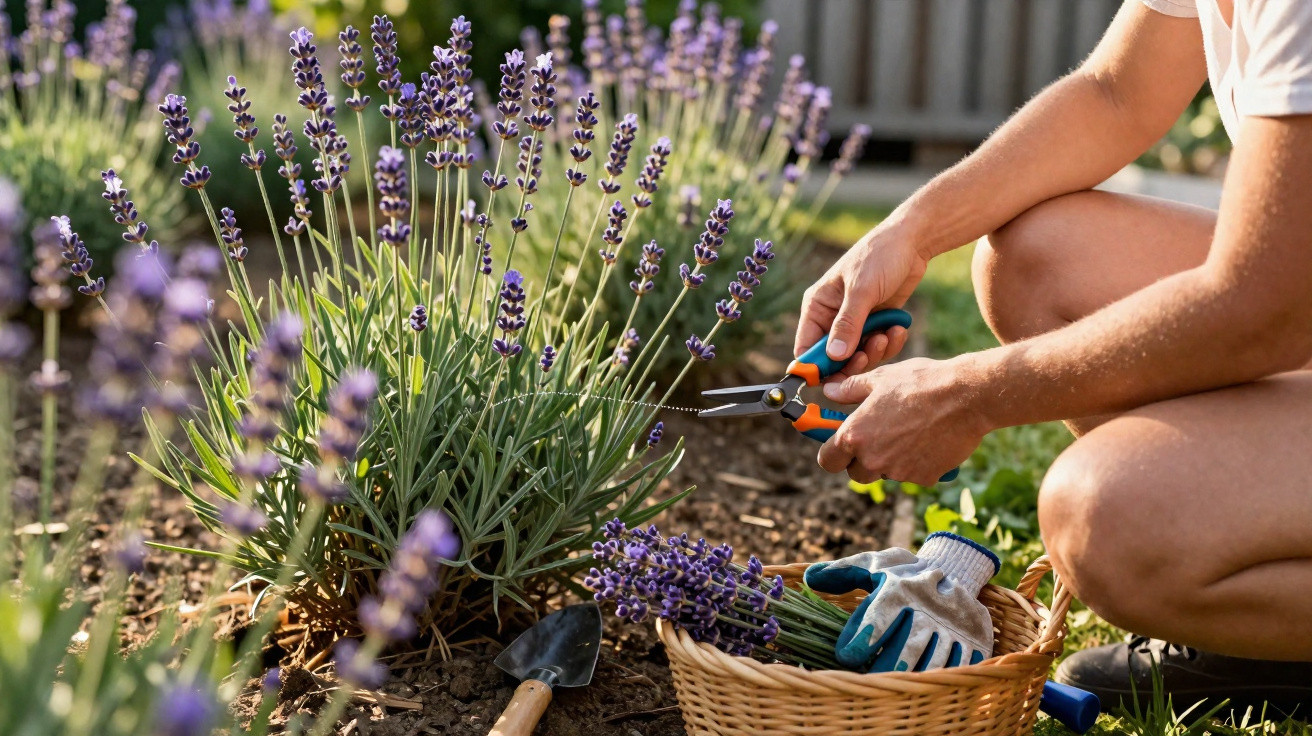 Person harvesting fresh lavender flowers with garden shears and a wicker basket in a sunny garden.
