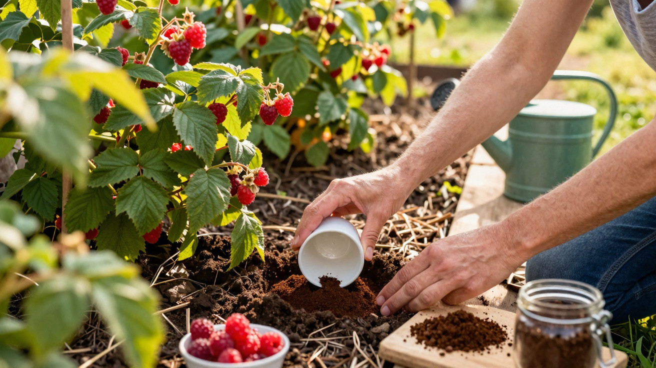 Person spreading coffee grounds as fertiliser near raspberry plants in a garden on a sunny day