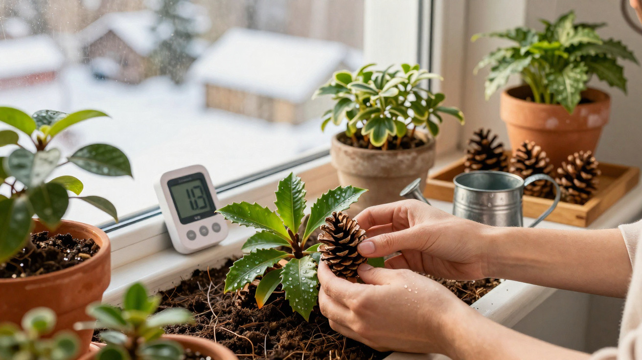 Hands holding a pinecone over a windowsill garden with potted plants, watering can, and a digital timer.