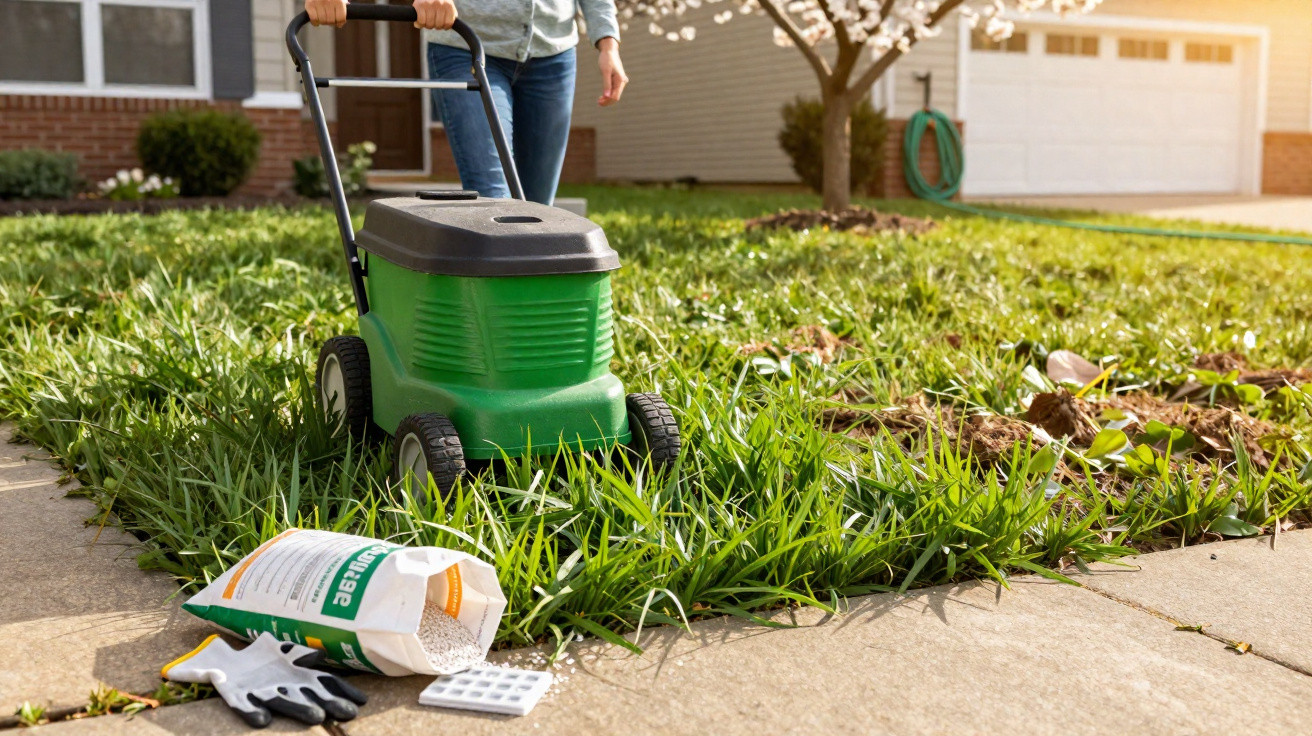 Person using a green lawn dethatcher on overgrown grass with fertiliser bag and gardening gloves nearby.