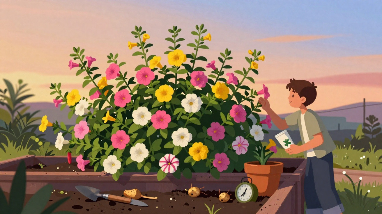 Child tending to a colourful flower bush in a garden bed at sunset with gardening tools nearby.