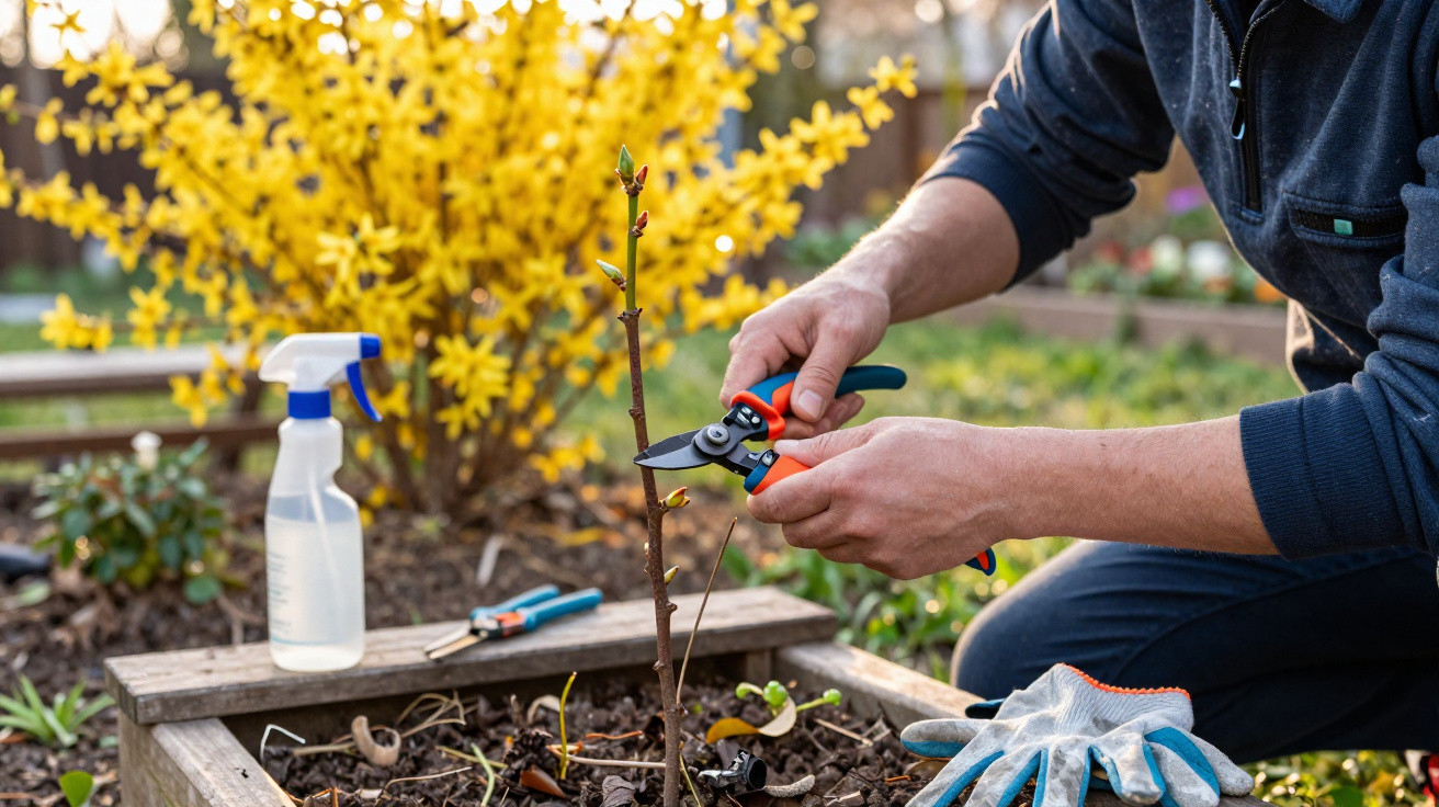 Person pruning a young plant with secateurs in a raised garden bed, yellow flowering bush in background.