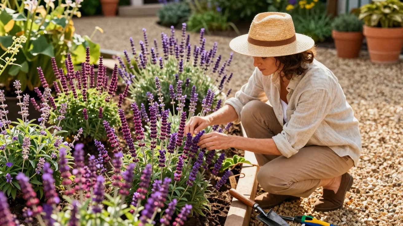Woman wearing a straw hat tending to lavender plants in a garden with gravel paths and potted plants.