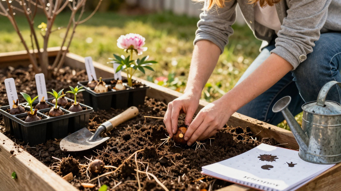 Person planting flower bulbs in a raised garden bed with gardening tools and seed packets nearby.