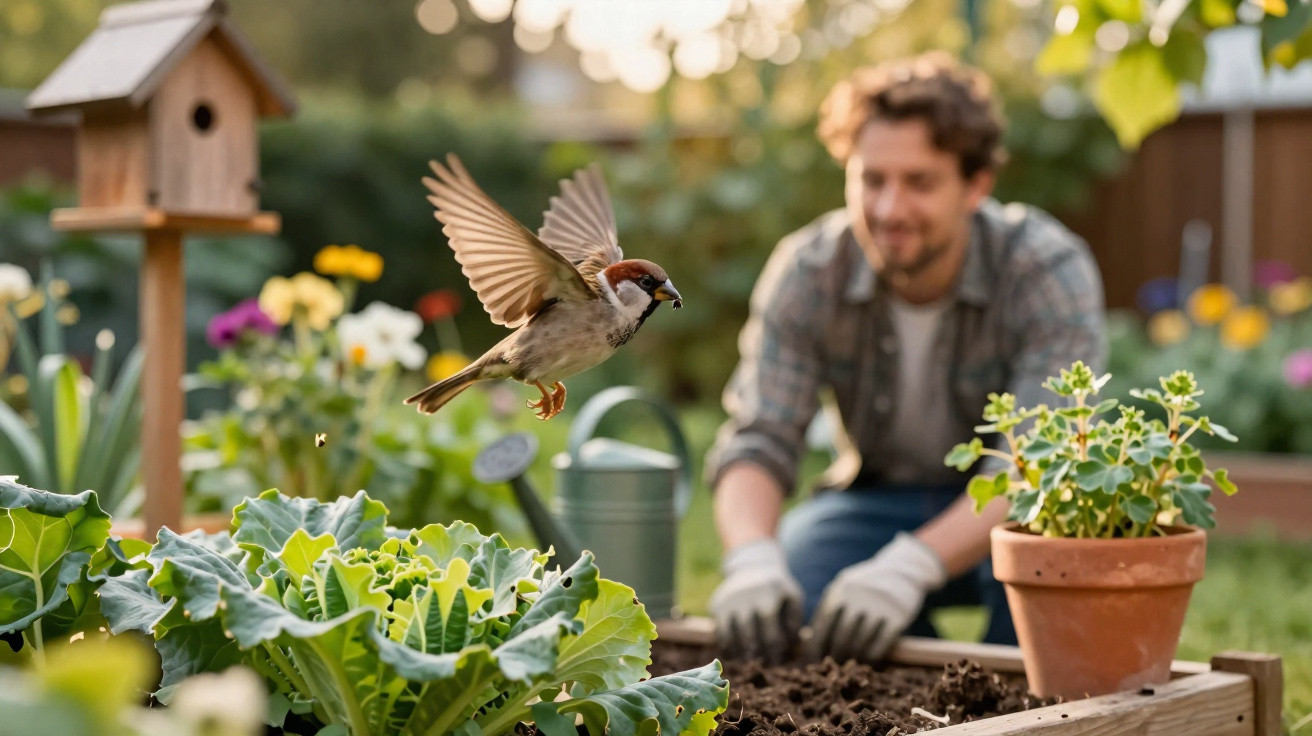 Sparrow in flight near a raised garden bed with a man gardening in the background on a sunny day.