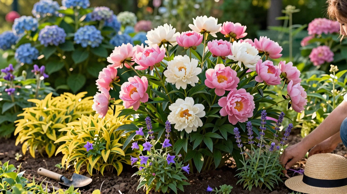 Pink and white peonies blooming in a garden with various colourful plants and a gardener’s hand nearby.