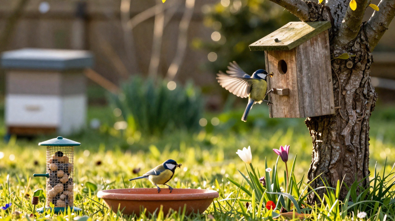 Two blue tits near a birdhouse and feeding tray in a sunny garden with spring flowers.