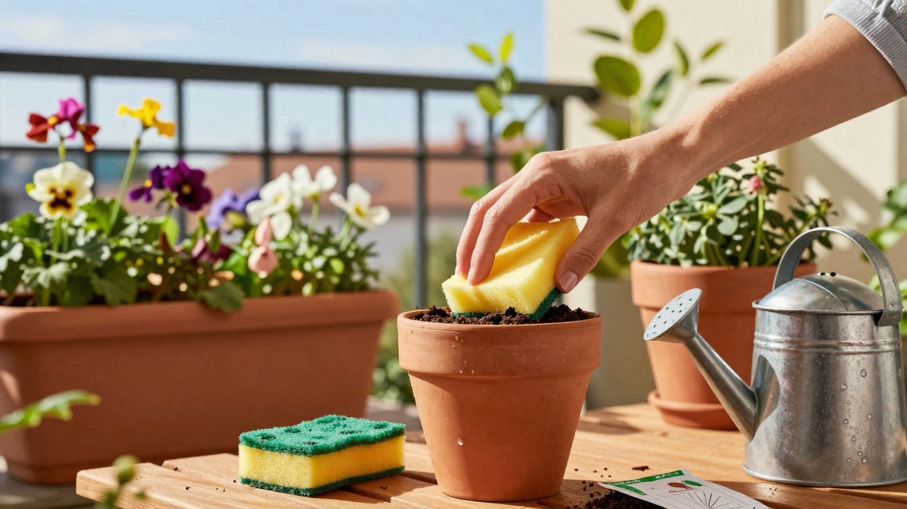 Hand cleaning soil from a terracotta pot with a yellow sponge on a wooden table with flowers and watering can.