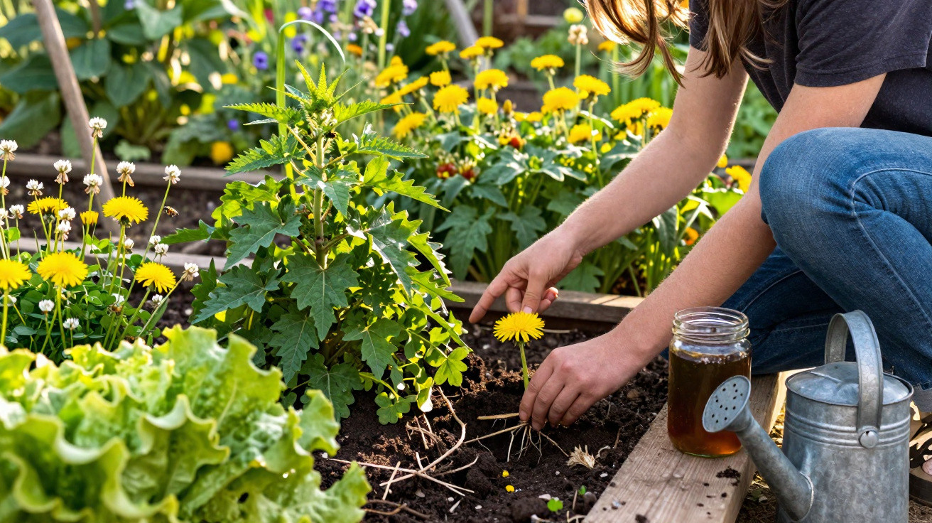 Person weeding a raised garden bed surrounded by lettuce, dandelions, and a watering can.