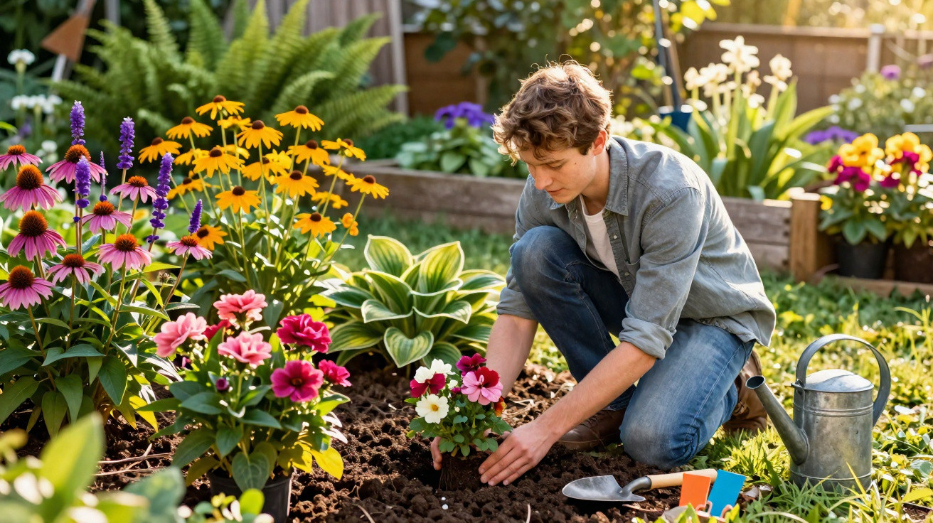 Young man planting colourful flowers in a sunny garden surrounded by gardening tools and plants.