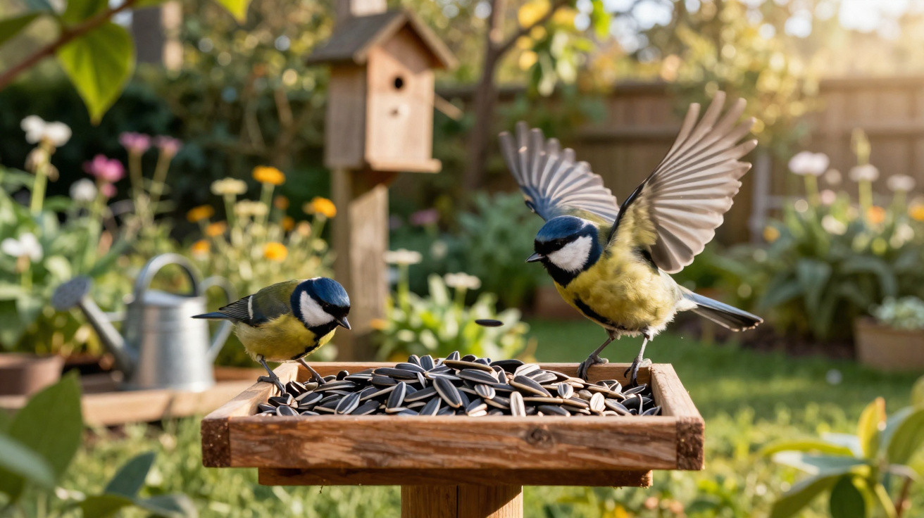 Two blue tits feeding on sunflower seeds from a wooden bird feeder in a sunny garden.