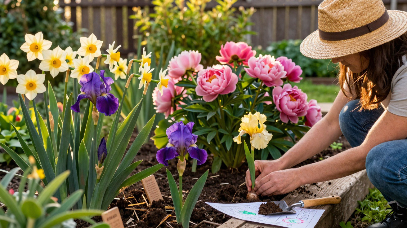 Person wearing a hat planting yellow iris near blooming pink peonies and daffodils in a garden bed.