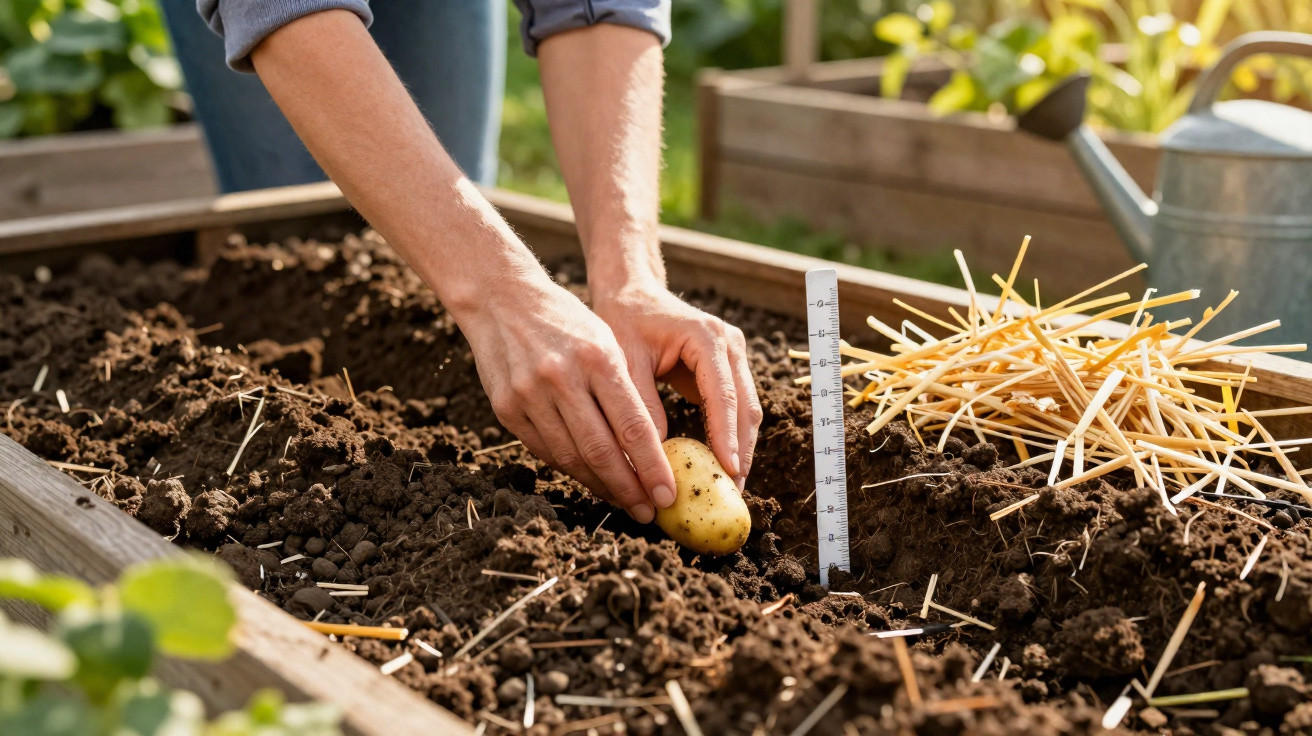 Hands planting a seed potato into a raised garden bed with soil and straw mulch nearby.