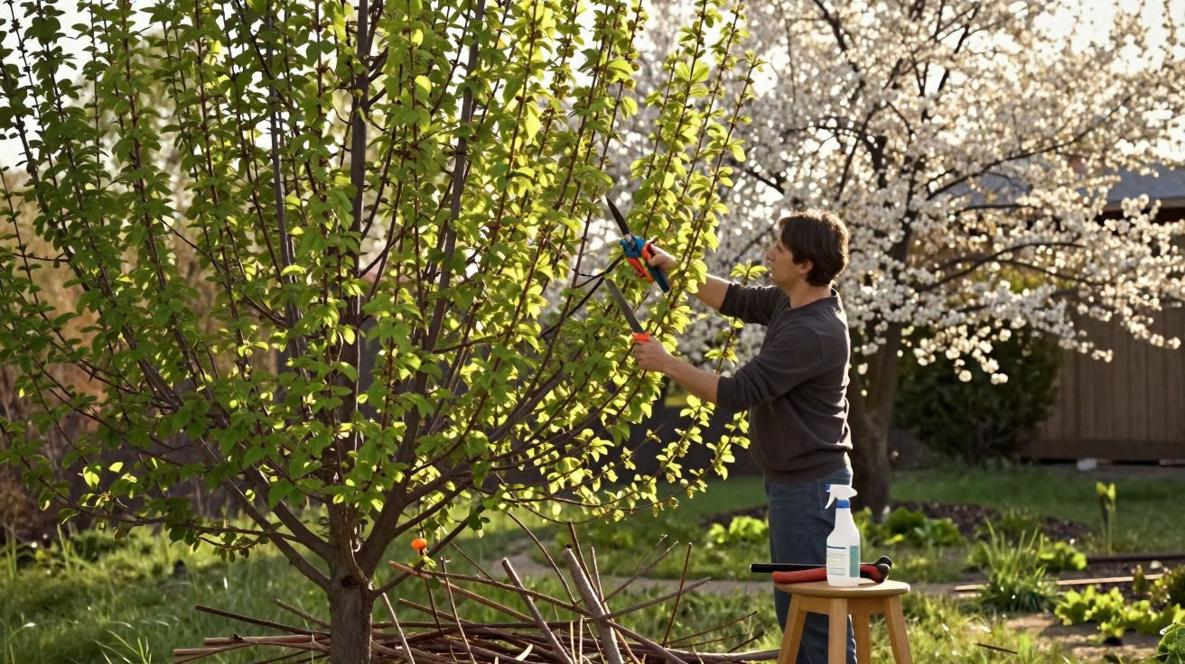 Man pruning branches on a leafy tree in a garden with blossoming trees in the background.