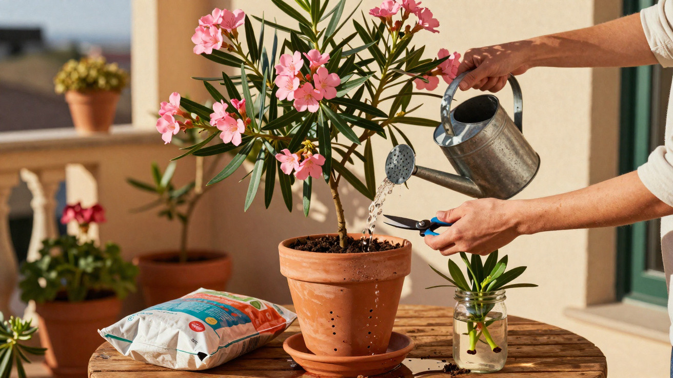 Person watering a flowering potted plant on a wooden table on a sunlit balcony.