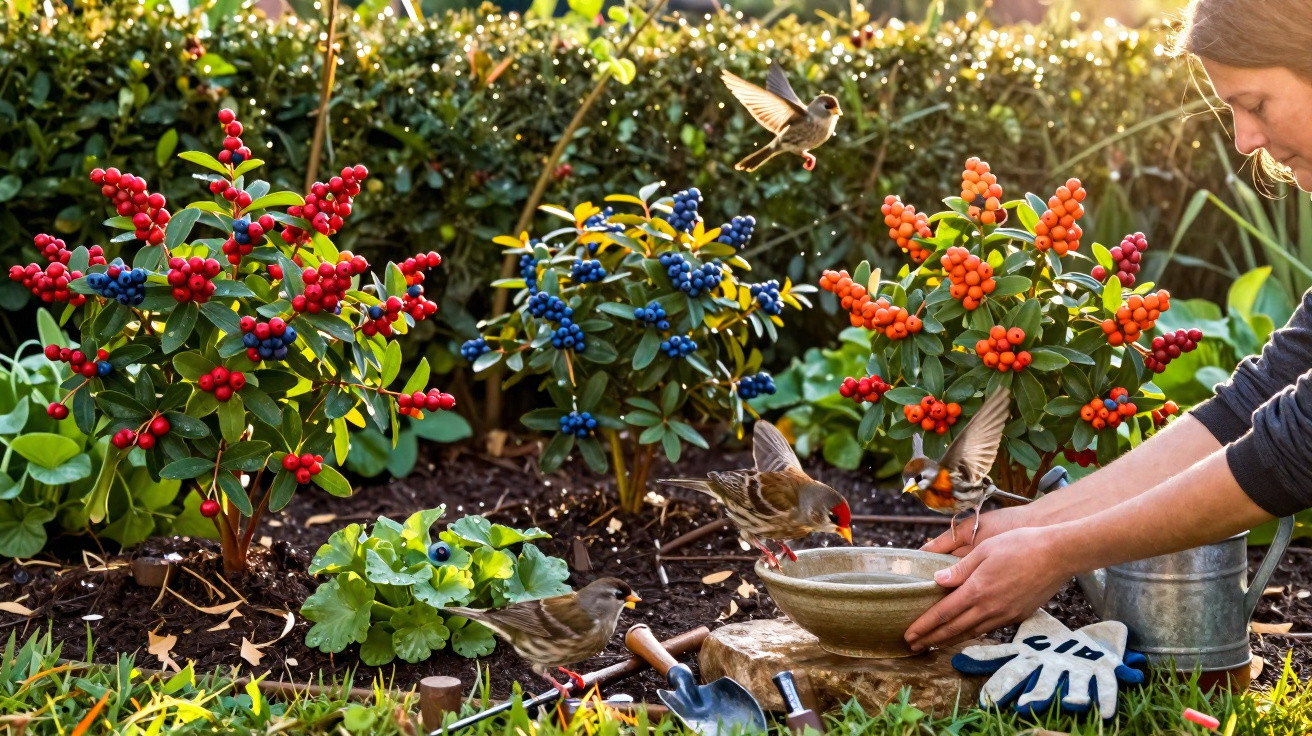 Person feeding small birds from a bowl in a garden with colourful berry bushes and gardening tools.