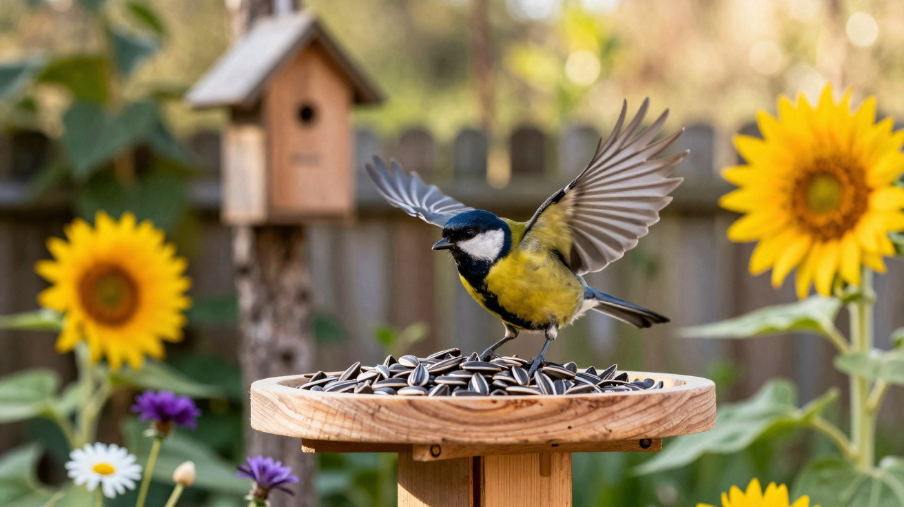 Great tit bird landing on a wooden bird feeder filled with sunflower seeds in a colourful garden.