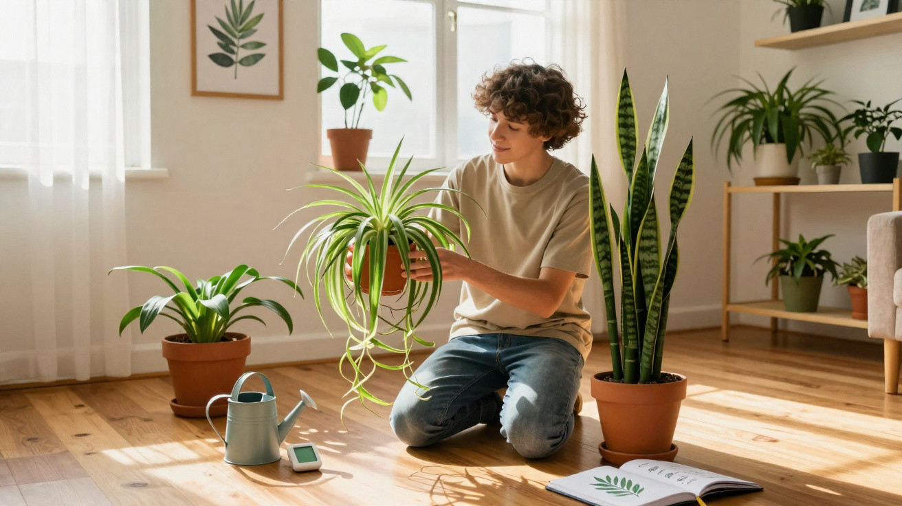 Young person kneeling on wooden floor, tending to houseplants with watering can and plant book nearby in bright room.