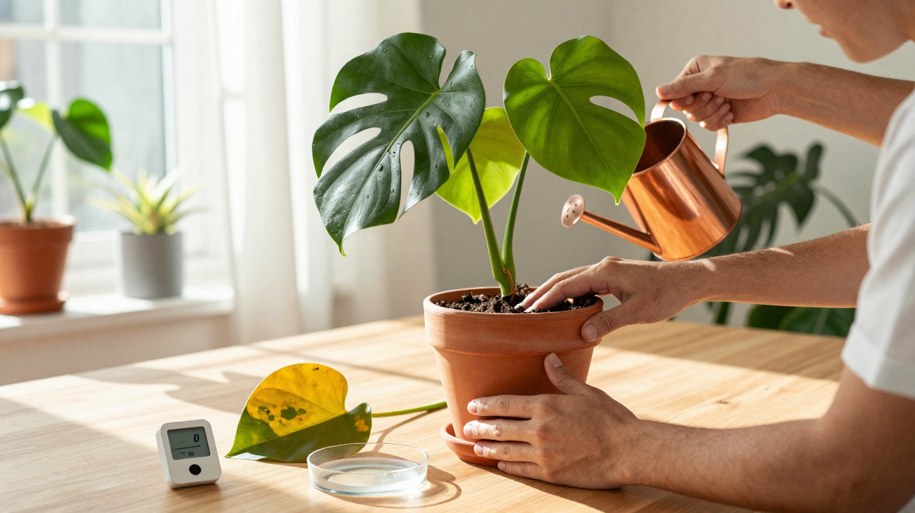 Person watering a healthy monstera plant on a wooden table near a window with sunlight.