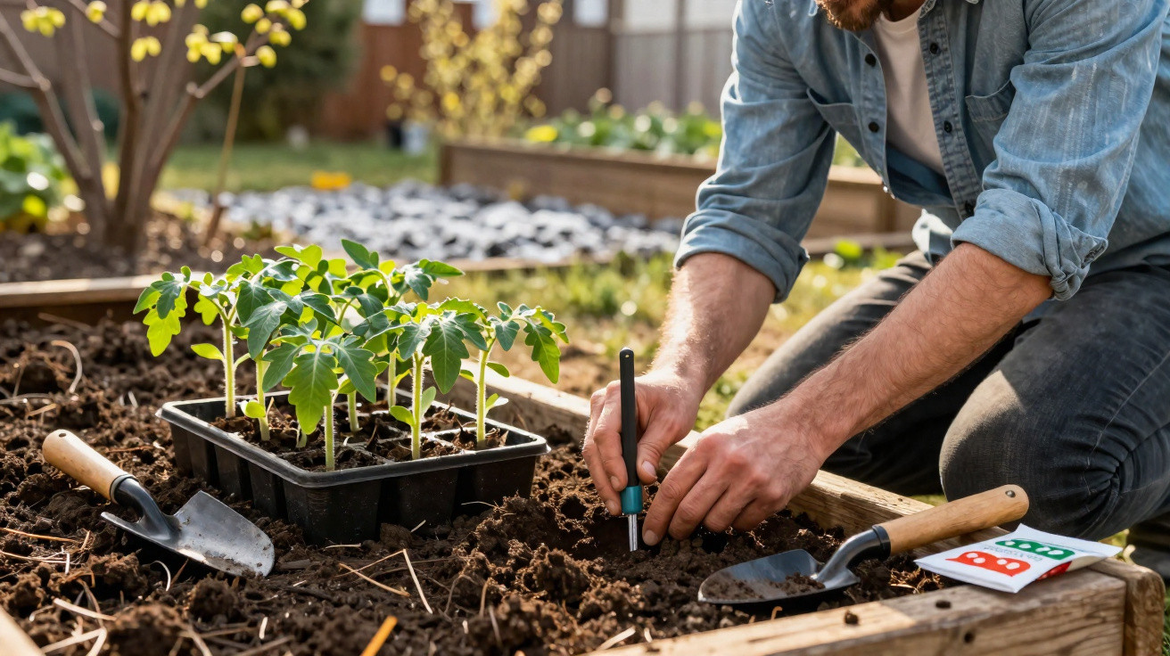 Person planting tomato seedlings in a raised garden bed with gardening tools nearby on a sunny day.