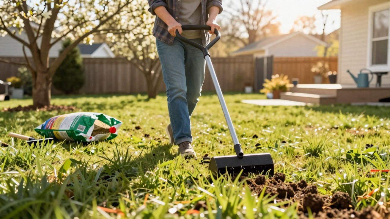 Person using a garden roller to flatten soil in a sunny backyard with gardening tools nearby.