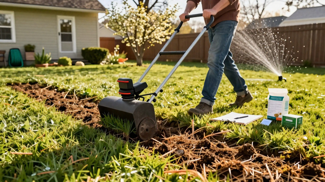 Person using a garden tiller on soil in a sunny backyard with sprinklers and gardening supplies nearby.
