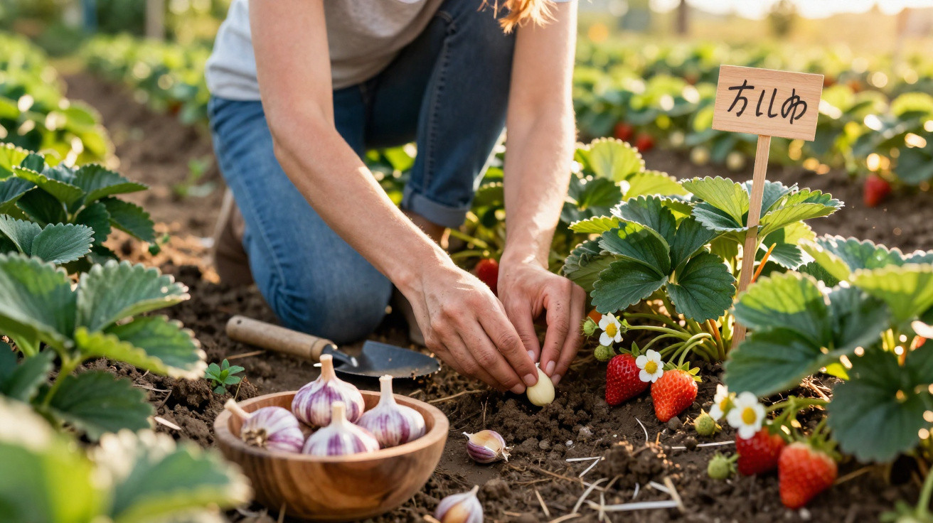 Person planting garlic cloves in soil next to growing strawberries in a garden on a sunny day.