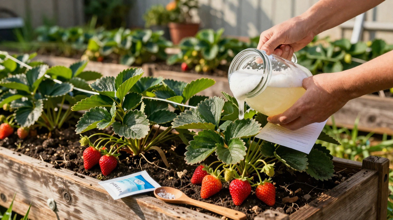 Hands pouring natural liquid fertilizer onto strawberry plants in a wooden garden bed on a sunny day.
