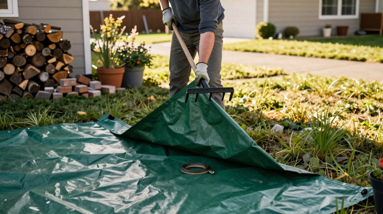 Person using a rake to gather leaves on a green tarp in a sunny garden outside a house.