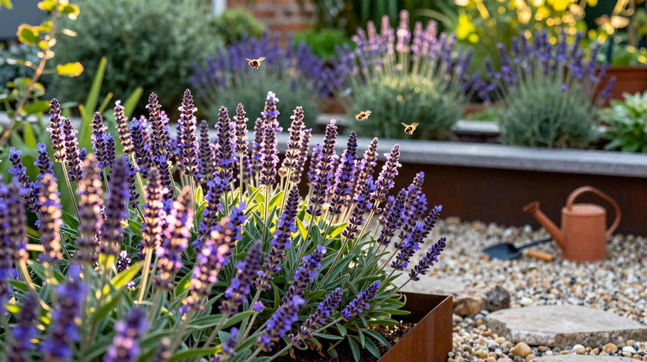 Lavender flowers in a garden with bees flying above and gardening tools on a gravel path in the background.