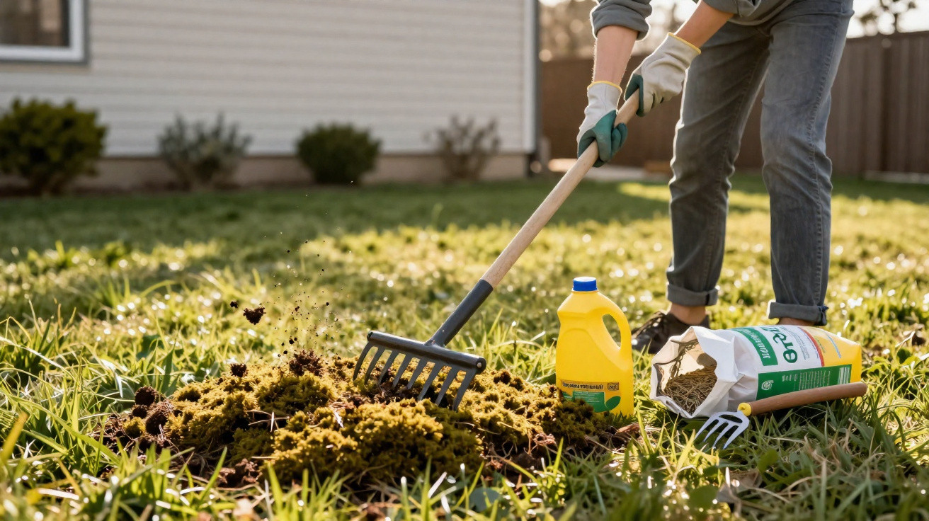 Person raking soil in garden lawn with fertiliser and gardening tools nearby on a sunny day.