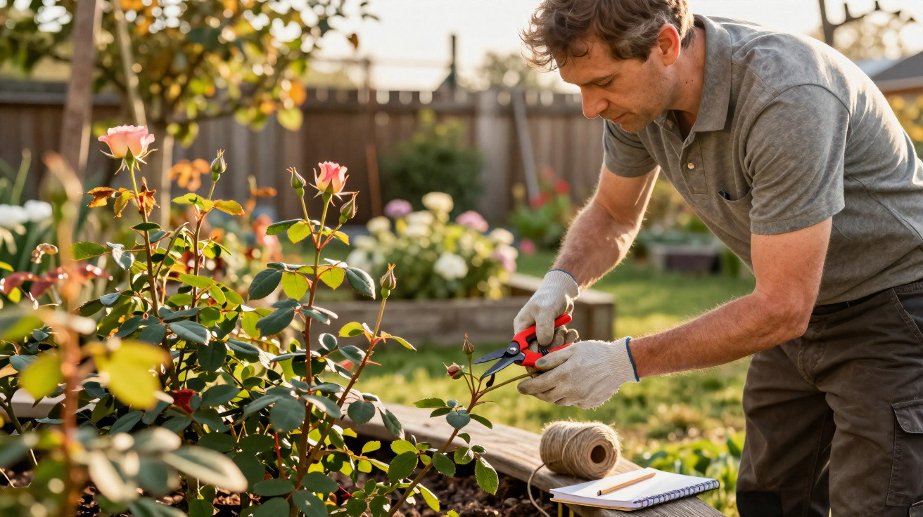 Man pruning rose bushes in a garden during sunny late afternoon with gardening tools and notebook nearby.