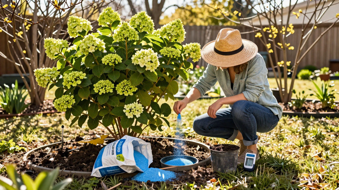 Woman in a hat fertilising a hydrangea bush in a sunny garden with blue granules and gardening tools nearby.