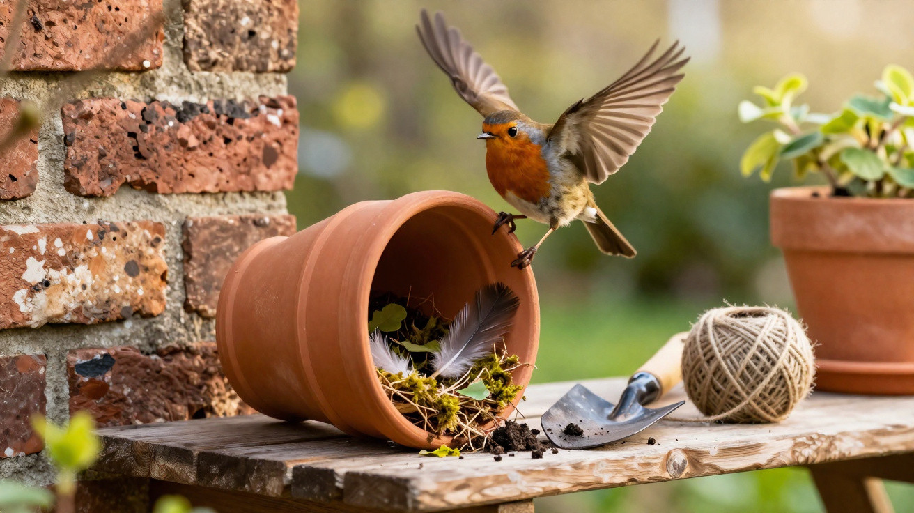 Robin in mid-flight near an overturned terracotta pot with nesting materials on a wooden table outdoors.