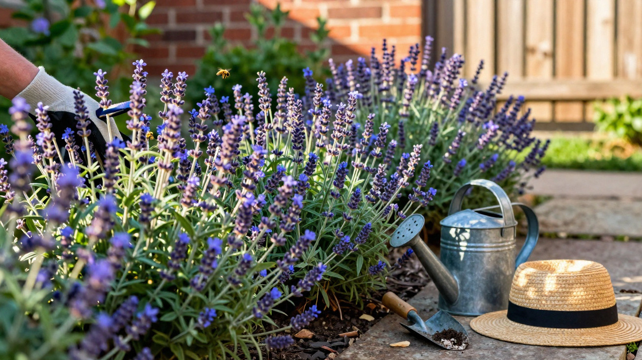 Lavender plants blooming in a garden with a watering can, trowel, straw hat, and a bee flying nearby.